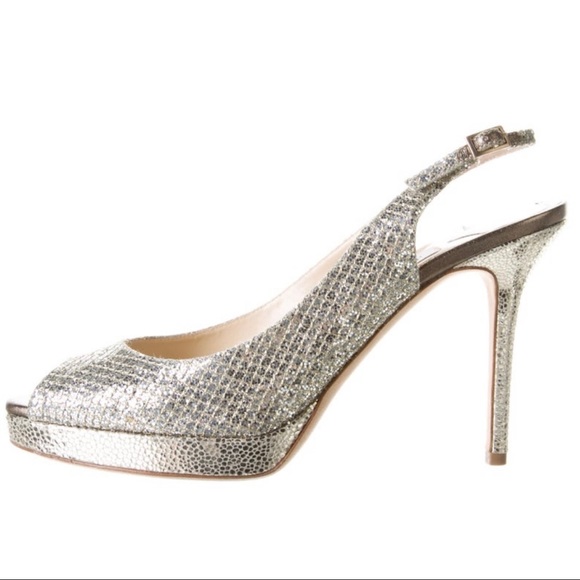 JIMMY CHOO Slingback Pumps Glitter Nova Fabric Champagne Peep Toe Metallic Gold - Picture 4 of 10